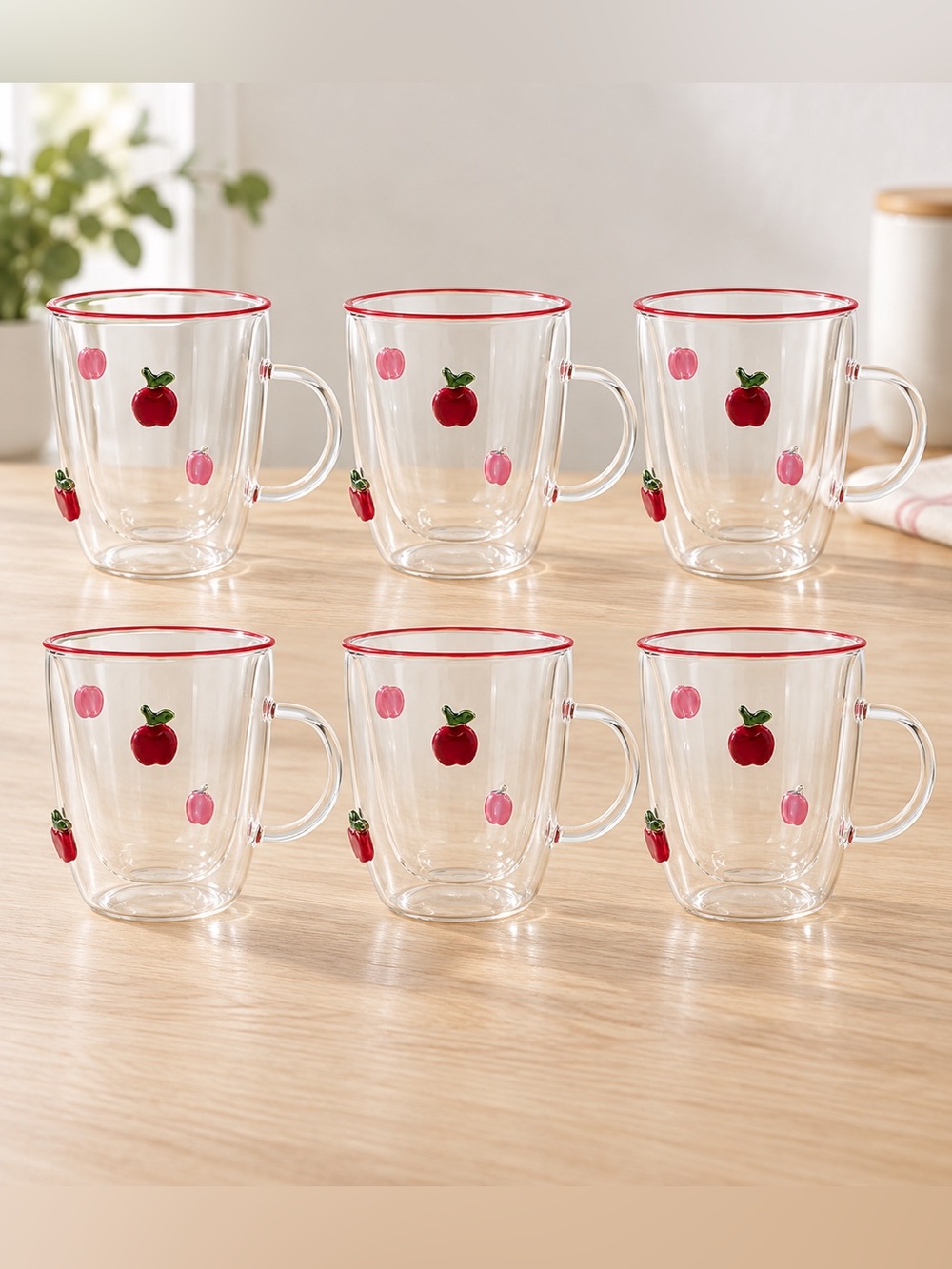 Madison Home 14.5 fl oz Double Walled Glass Icon Mug Apple Set of 6 Cups